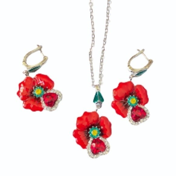 Floral Enamel Pendant Necklace set Red Zircon Silver Chain Dangle Earrings - Picture 10 of 11